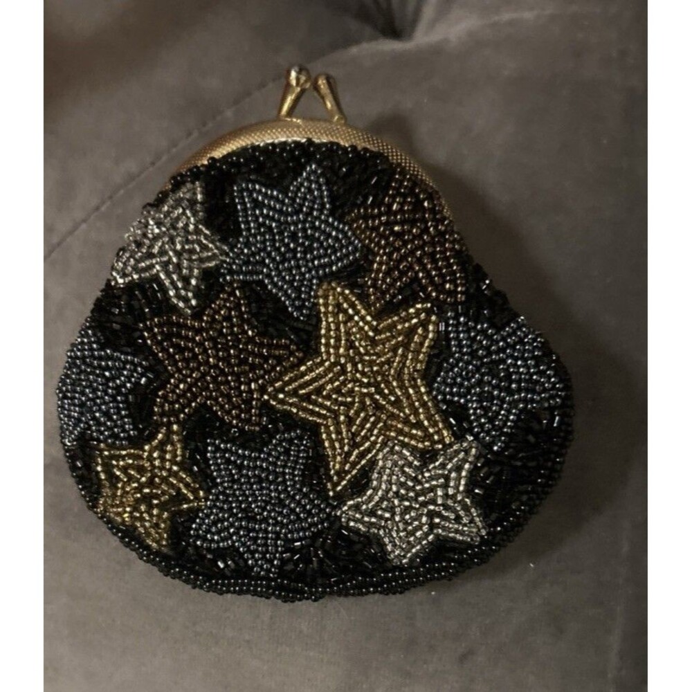 Vtg Neiman Marcus Multi Colored Beaded Star Pattern Small Coin-Purse Kiss-Lock